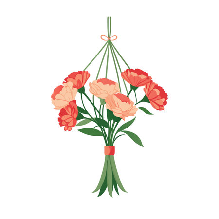 Hanging bouquet of carnations in coral and peach tones against a white backgroundのイラスト素材