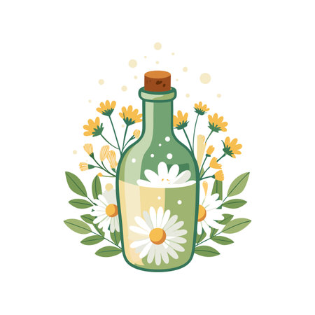 Chamomile Oil Infusion: Natural Remedy in a Glass Bottle Surrounded by Flowers and Leavesのイラスト素材