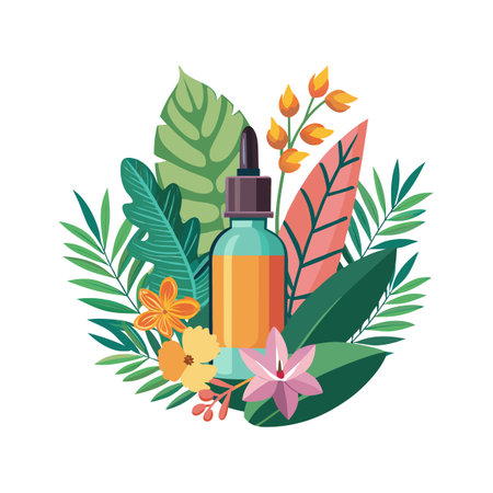 Natural beauty product with botanical elements and tropical leaves in flat vector styleのイラスト素材