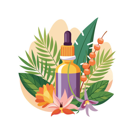 Aromatherapy essential oil bottle with floral decoration for wellness and alternative medicine conceptのイラスト素材