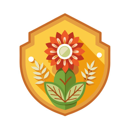 Flat Design Floral Crest Featuring a Red Flower with Green Leaves and Wheat Branchesのイラスト素材