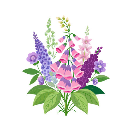 Delicate Floral Bouquet with Foxgloves and Lilacs on a White Backgroundのイラスト素材