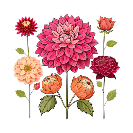 Floral Vector Illustration Featuring Dahlia Flowers in Various Colors and Blooming Stages on White Backgroundのイラスト素材