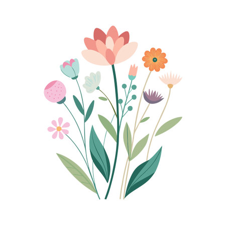 Vector illustration of floral arrangement with various colorful flowers on white background, modern botanical graphicのイラスト素材