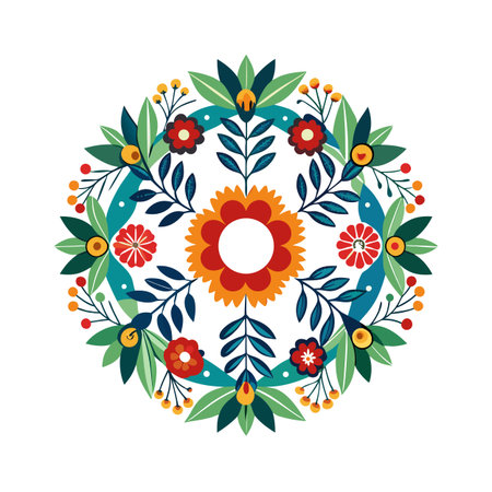 Floral circle design with colorful leaves and flowers on a white background, vector illustrationのイラスト素材