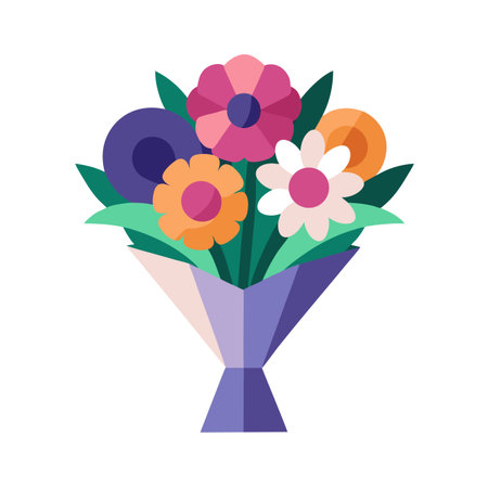 A colorful floral bouquet in a geometrically-designed paper wrapping on a clean white backdropのイラスト素材