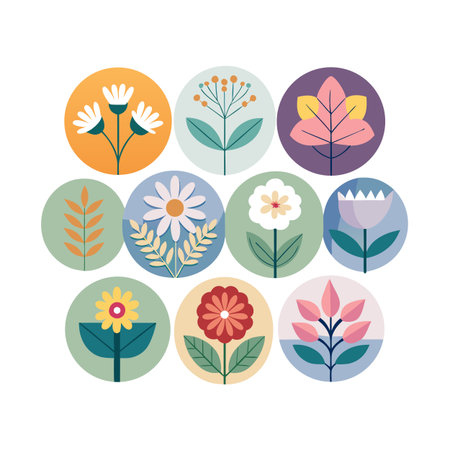 Collection of modern floral icons in geometric style, with retro colors and simple designsのイラスト素材