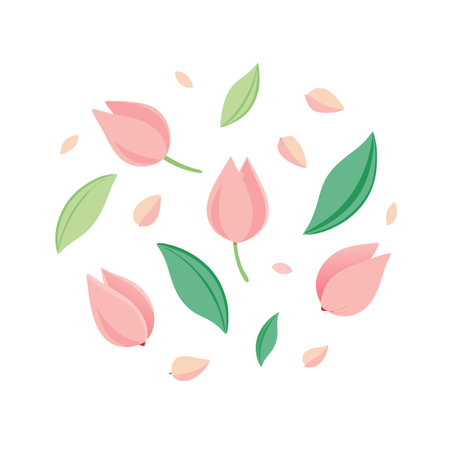 Floral Arrangement of Pink Tulips, Green Leaves, and Soft Petals in a Circleのイラスト素材