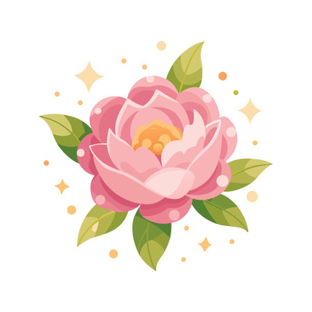 Stylized pink peony flower illustration with green leaves and sparkling accents against a white backgroundのイラスト素材