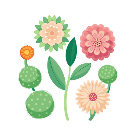 Cheerful floral arrangement with flowers, spiky balls, and leaves on a white backgroundのイラスト素材