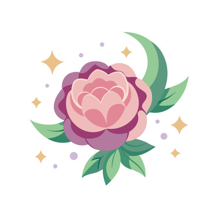 Elegant Rose and Crescent Moon Graphic with Pastel Colors and Star Accentsのイラスト素材