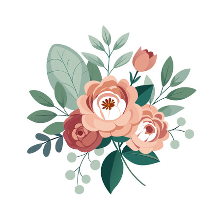 Elegant floral arrangement with roses and leaves, isolated on a white background for creative projectsのイラスト素材