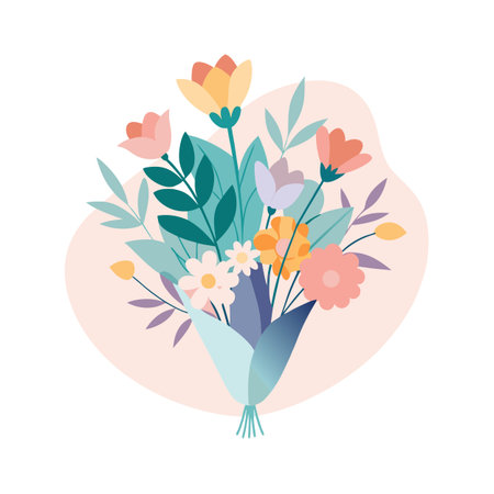 Colorful floral bouquet with pastel background, ideal for greetings and various designsのイラスト素材