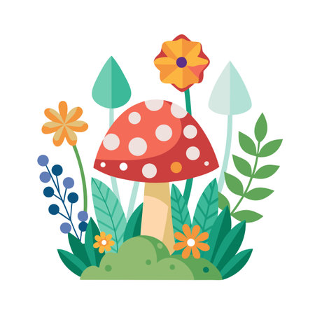 Whimsical flat illustration of mushroom with flowers and plants for children's book or design elementのイラスト素材