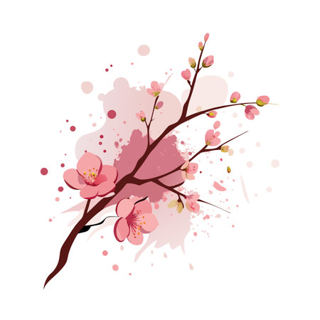 Elegant cherry blossom branch illustration with pink watercolor splash effect on a white background.のイラスト素材