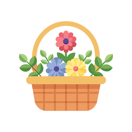 Flat Design Flower Basket with Colorful Flowers and Green Leaves Illustrationのイラスト素材