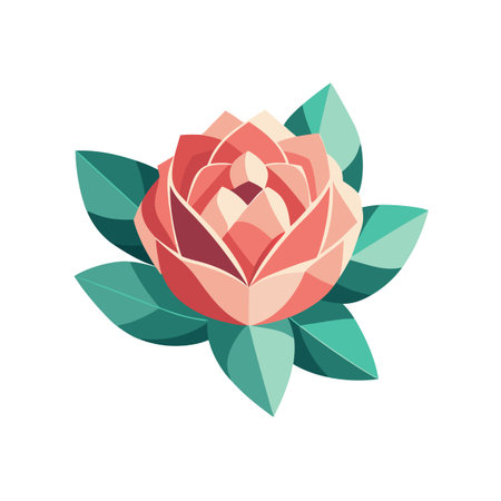 Geometric rose and leaf illustration in a flat, modern style with soft colorsのイラスト素材