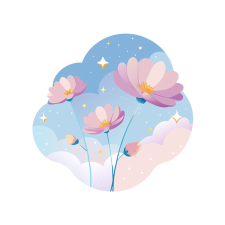 Pink Cosmos Flowers with Cloud Sky Illustration for Invitation, Branding, or Wallpaperのイラスト素材