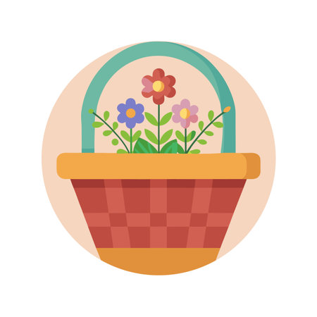 Charming floral basket illustration with stylized flowers in a decorative container, soft pastel background.のイラスト素材