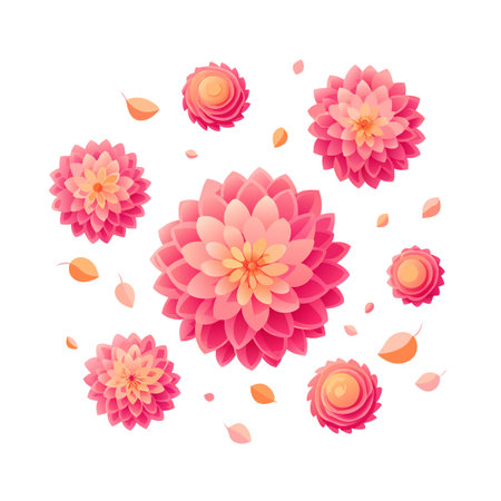 Elegant floral arrangement with pink dahlia blossoms and floating leaves on white backdropのイラスト素材