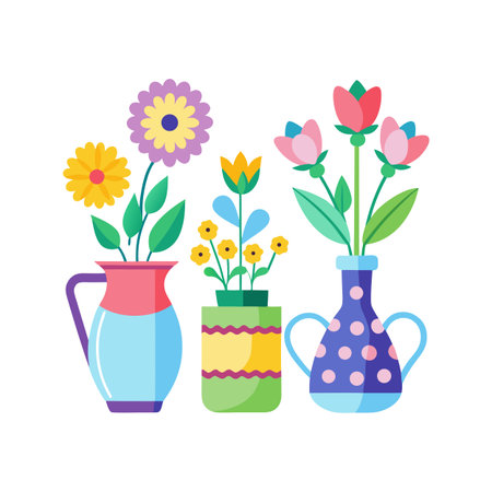 Stylized flower arrangements in decorative vases; flat design on a white background.のイラスト素材