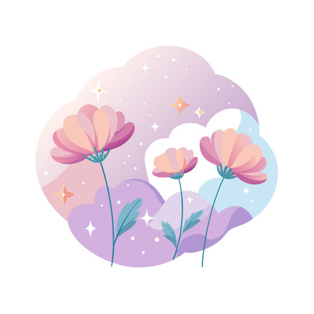 Pastel floral arrangement featuring three stylized blossoms against a dreamy gradient background with starsのイラスト素材