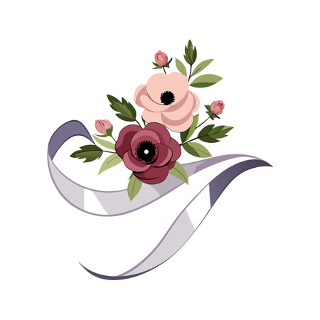 Elegant floral arrangement with ribbon accent for wedding stationery and design projectsのイラスト素材