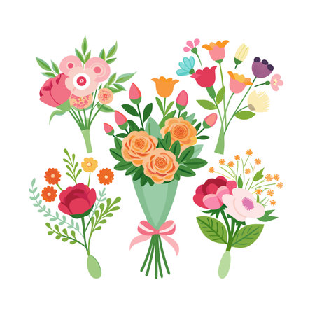 Collection of diverse floral bouquets arranged on a white background in an illustrative styleのイラスト素材