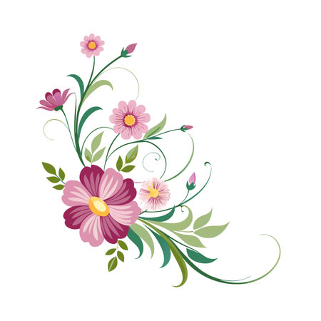 Elegant floral vector design with pink flowers, green leaves, and decorative swirls for design projectsのイラスト素材