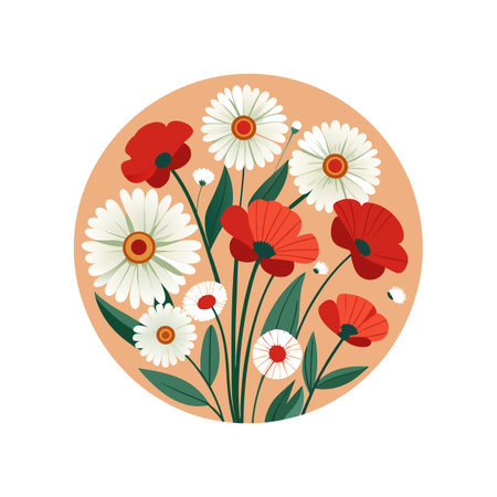 Elegant Floral Bouquet Illustration in Peach Circle Frame Featuring Red Poppies and White Daisiesのイラスト素材
