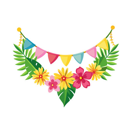 Festive tropical banner with colorful pennants, exotic leaves and flowers for summer celebrationsのイラスト素材