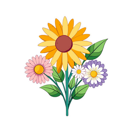 Stylized floral bouquet featuring sunflowers and daisies on a white backgroundのイラスト素材