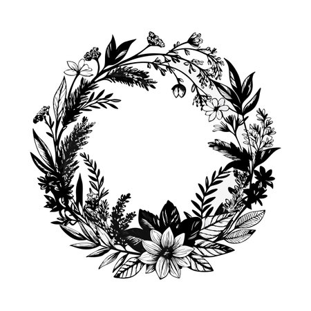 Floral Wreath Illustration in Black and White for Invitations and Decorative Designのイラスト素材