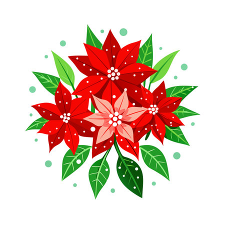 Festive Poinsettia Arrangement with Decorative Greenery and Dots on a White Backgroundのイラスト素材