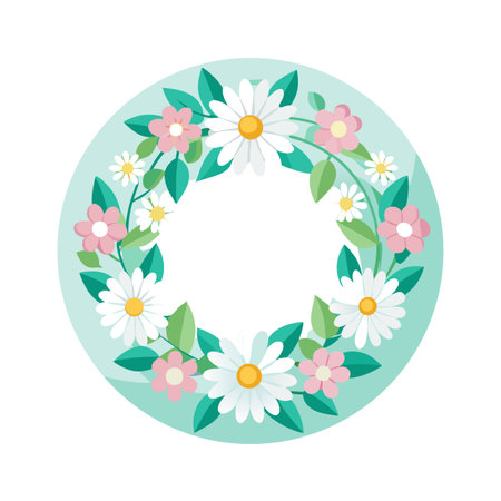 Floral wreath with daisies and pink blossoms on light green circle, springtime decorationのイラスト素材
