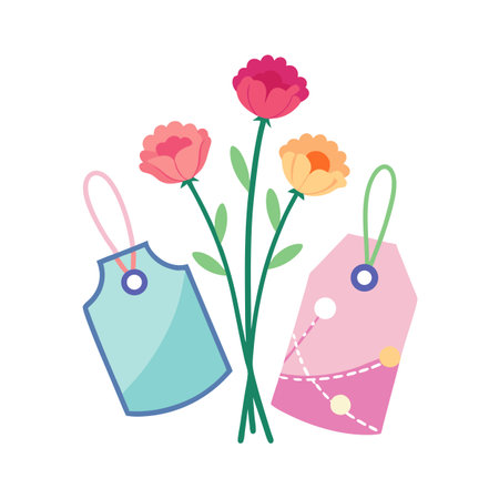 Colorful flower bouquet with blue and pink tags, flat style illustration on white backgroundのイラスト素材