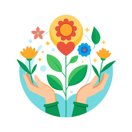Hands holding a plant with heart flower symbolizing growth, love, and environmental careのイラスト素材