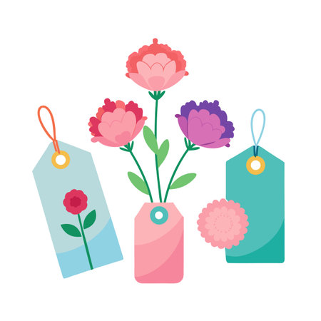 Flat Illustration of Flowers in Vase with Decorative Tags for Springtime or Special Occasionsのイラスト素材