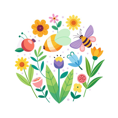 Flat Floral Vector Illustration with Insects in Circular Composition for Spring Designのイラスト素材