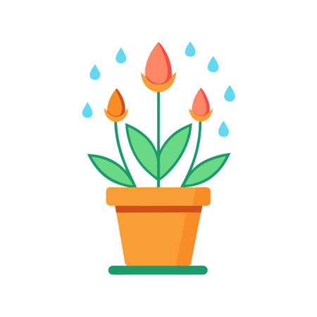Illustration of potted plant with flower buds under raindrops on a white backgroundのイラスト素材