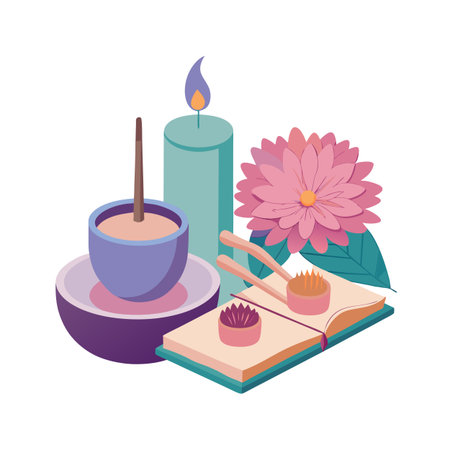 Isometric Spa Still Life with Candle, Incense, Flower, and Book for Relaxationのイラスト素材