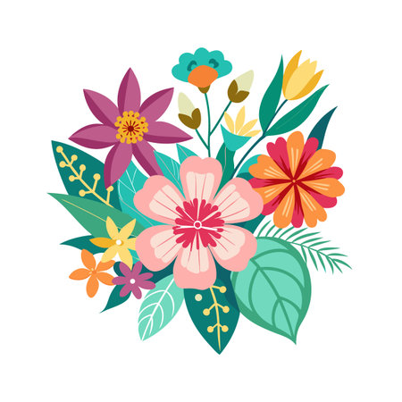Colorful floral arrangement with vibrant flowers and leaves against a clean white backgroundのイラスト素材
