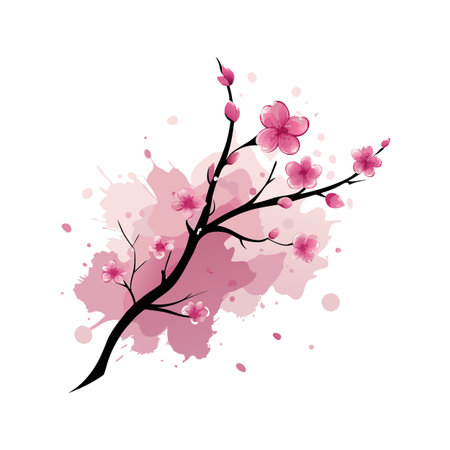 Elegant Cherry Blossom Branch Illustration with Pink Watercolor Splash Effect on White Backgroundのイラスト素材
