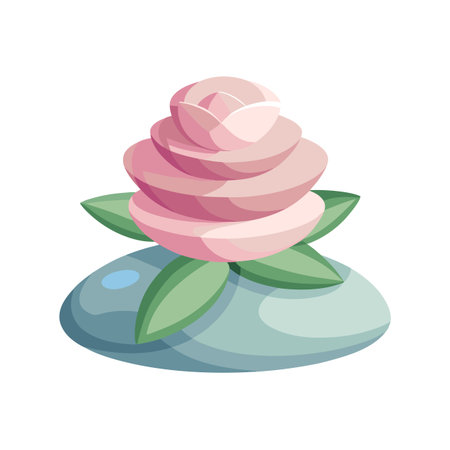 Stylized Pink Rose on Smooth Blue Stone with Green Leaves: Spa and Beauty Conceptのイラスト素材