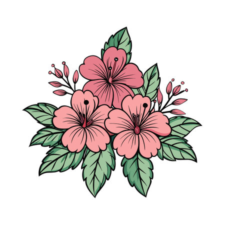Charming Floral Arrangement: Pink Hibiscus Blossoms and Green Leaves for Decorative Design Elementsのイラスト素材