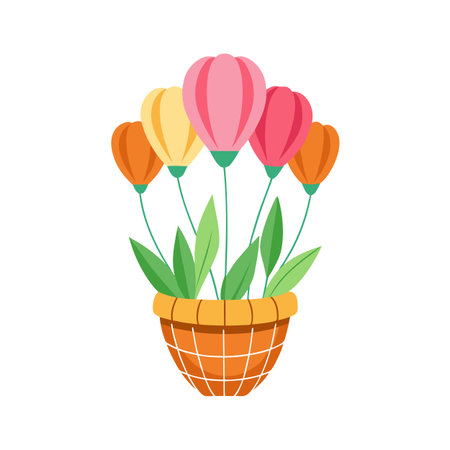 Colorful Tulip Bouquet in Woven Basket, Flat Vector Illustration for Spring Decorのイラスト素材