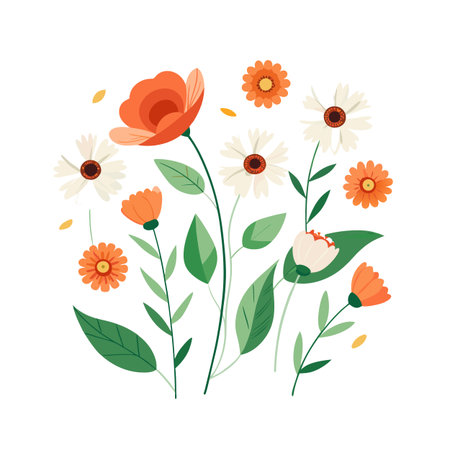 Graphic floral design with orange and white daisies and poppy flowers on a white backgroundのイラスト素材