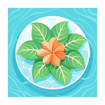 Illustration of a vibrant orange flower surrounded by lush green leaves on a white plate and blue backgroundのイラスト素材