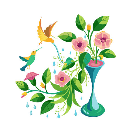 Whimsical Hummingbird Illustration with Flowers in Vase, Bright Colorsのイラスト素材