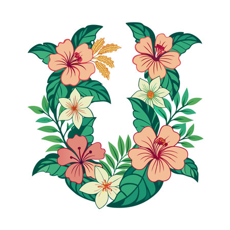 Elegant Floral Wreath: Peach Hibiscus and Creamy White Flowers on White Backgroundのイラスト素材